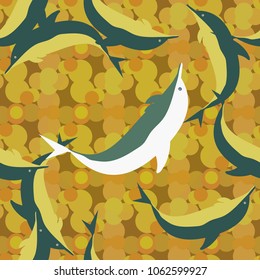 Seamless texture with a flock of dolphins under water, illustration for background