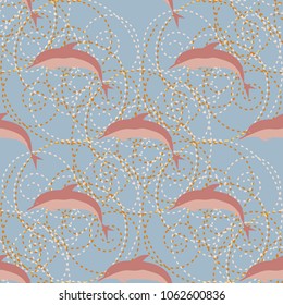 Seamless texture with a flock of dolphins under water, illustration for background