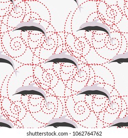 Seamless texture with a flock of dolphins under water, illustration for background