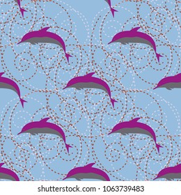 Seamless texture with a flock of dolphins under water, illustration for background