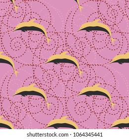 Seamless texture with a flock of dolphins under water, illustration for background