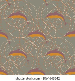 Seamless texture with a flock of dolphins under water, illustration for background