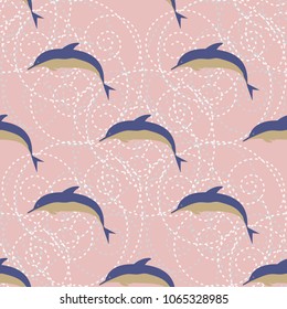 Seamless texture with a flock of dolphins under water, illustration for background