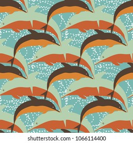 Seamless texture with a flock of dolphins under water, illustration for background