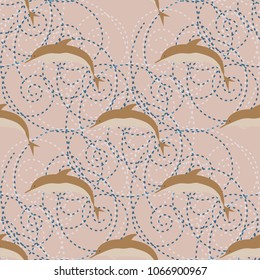 Seamless texture with a flock of dolphins under water, illustration for background