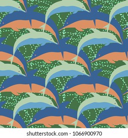 Seamless texture with a flock of dolphins under water, illustration for background
