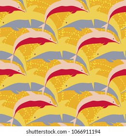 Seamless texture with a flock of dolphins under water, illustration for background
