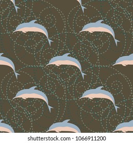 Seamless texture with a flock of dolphins under water, illustration for background