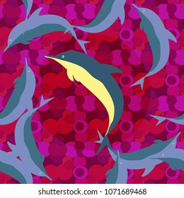 Seamless texture with a flock of dolphins under water, illustration for background