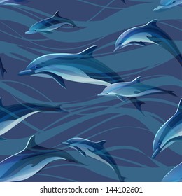 seamless texture with a flock of dolphins under water, a dark blue background, vector illustration