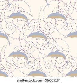 Seamless texture with a flock of dolphins under water, illustration for background
