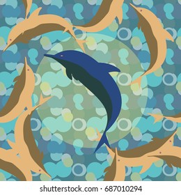 Seamless texture with a flock of dolphins under water, illustration for background