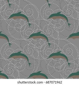 Seamless texture with a flock of dolphins under water, illustration for background