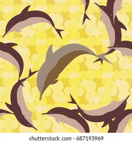 Seamless texture with a flock of dolphins under water, illustration for background