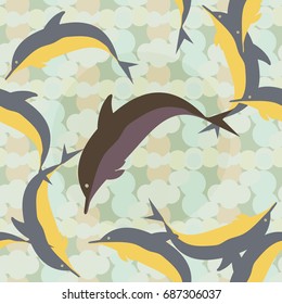 Seamless texture with a flock of dolphins under water, illustration for background