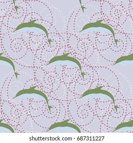 Seamless texture with a flock of dolphins under water, illustration for background