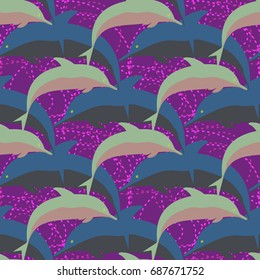 Seamless texture with a flock of dolphins under water, illustration for background