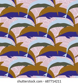 Seamless texture with a flock of dolphins under water, illustration for background