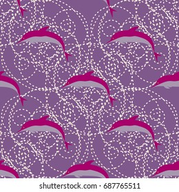 Seamless texture with a flock of dolphins under water, illustration for background