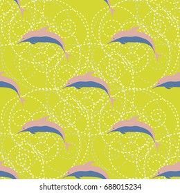 Seamless texture with a flock of dolphins under water, illustration for background