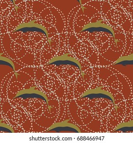 Seamless texture with a flock of dolphins under water, illustration for background