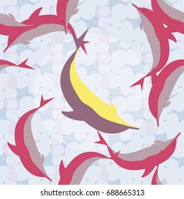 Seamless texture with a flock of dolphins under water, illustration for background