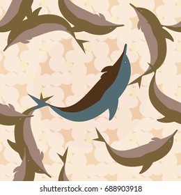 Seamless texture with a flock of dolphins under water, illustration for background