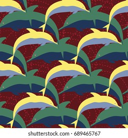 Seamless texture with a flock of dolphins under water, illustration for background