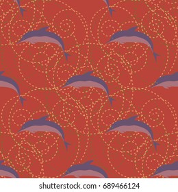 Seamless texture with a flock of dolphins under water, illustration for background