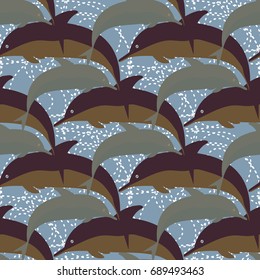 Seamless texture with a flock of dolphins under water, illustration for background