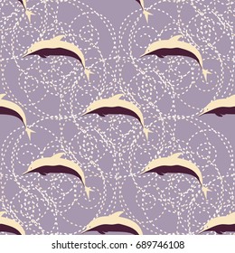 Seamless texture with a flock of dolphins under water, illustration for background
