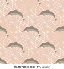 Seamless texture with a flock of dolphins under water, illustration for background