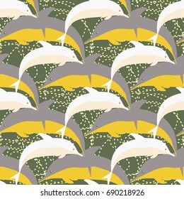 Seamless texture with a flock of dolphins under water, illustration for background