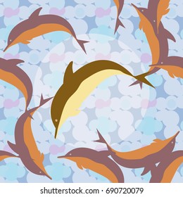 Seamless texture with a flock of dolphins under water, illustration for background