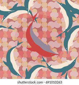 Seamless texture with a flock of dolphins under water, illustration for background