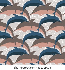 Seamless texture with a flock of dolphins under water, illustration for background