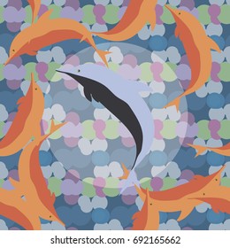 Seamless texture with a flock of dolphins under water, illustration for background