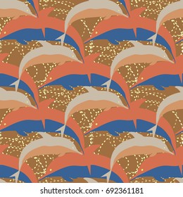 Seamless texture with a flock of dolphins under water, illustration for background