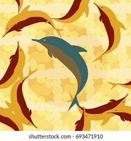 Seamless texture with a flock of dolphins under water, illustration for background