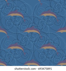 Seamless texture with a flock of dolphins under water, illustration for background