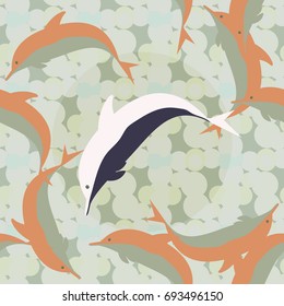 Seamless texture with a flock of dolphins under water, illustration for background
