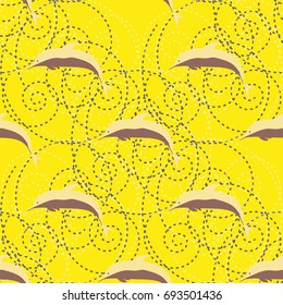 Seamless texture with a flock of dolphins under water, illustration for background