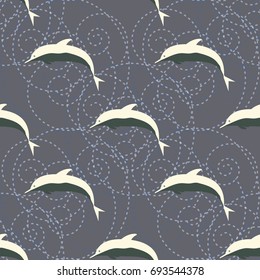 Seamless texture with a flock of dolphins under water, illustration for background