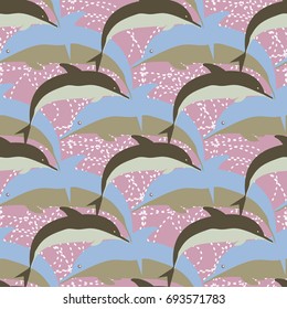 Seamless texture with a flock of dolphins under water, illustration for background