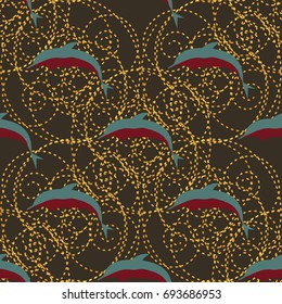 Seamless texture with a flock of dolphins under water, illustration for background