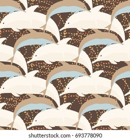 Seamless texture with a flock of dolphins under water, illustration for background