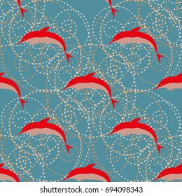 Seamless texture with a flock of dolphins under water, illustration for background
