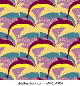 Seamless texture with a flock of dolphins under water, illustration for background