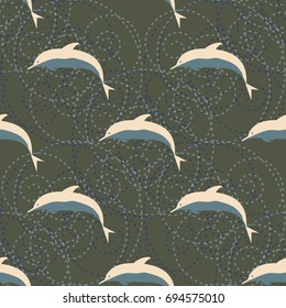Seamless texture with a flock of dolphins under water, illustration for background