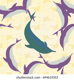 Seamless texture with a flock of dolphins under water, illustration for background